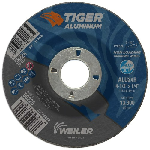 Weiler - 4-1/2" x 1/4" Tiger Aluminum Type 27 Grinding Wheel ALU24R 7/8 A.H.