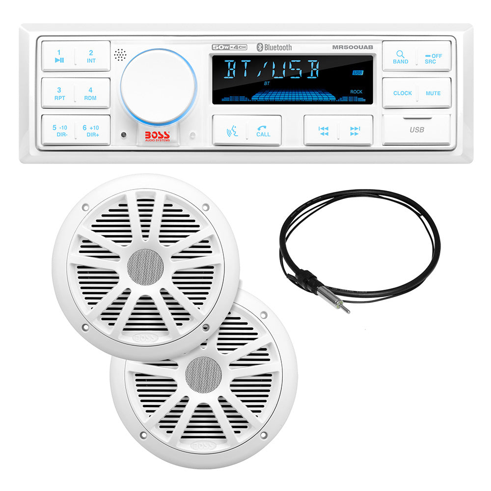 Boss Audio MCK500WB.6 Kit with MR500UAB, 2 MR6W Speakers, MRANT10 Antenna, & White Remote