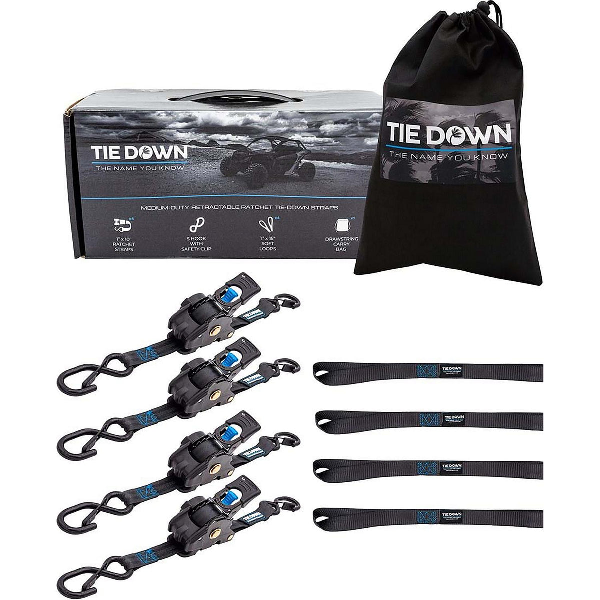 Tiedown Engineering Retractable Ratchet Strap, Black, 4-Pack, 1" X 10'