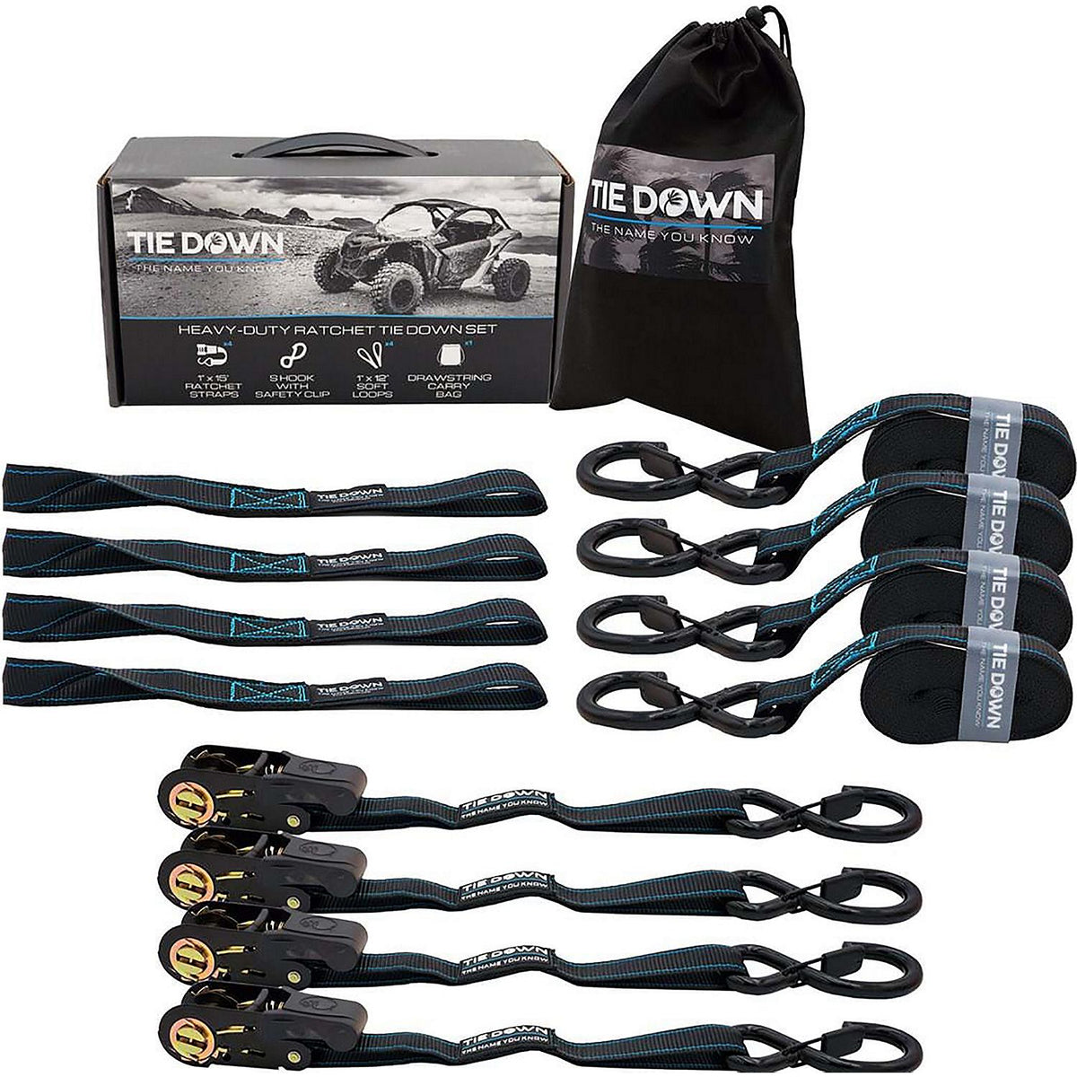 Tiedown Engineering Ratchet Strap, Black, 2200 lbs. Max Load, 4-Pack, 1" x 15'