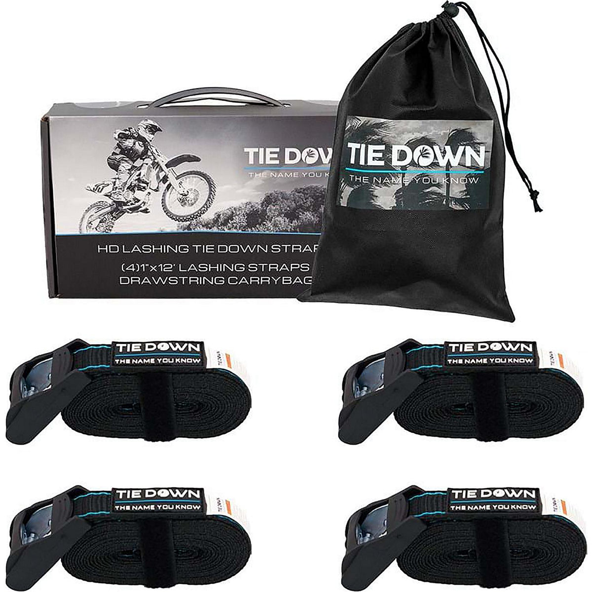 Tiedown Engineering Lashing Tie Down Strap, Black, 1320 lbs. Max Load, 4-Pack, 1" x 12'