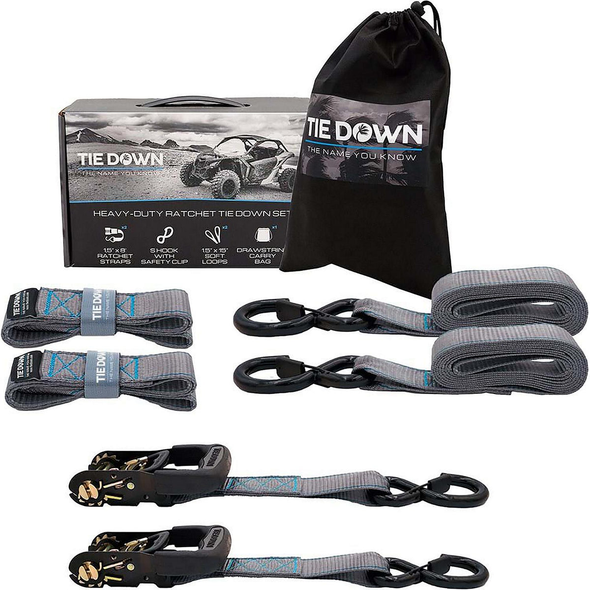 Tiedown Engineering Ratchet Strap, Gray, 5208 lbs. Max Load, 2-Pack, 1.5" x 8'