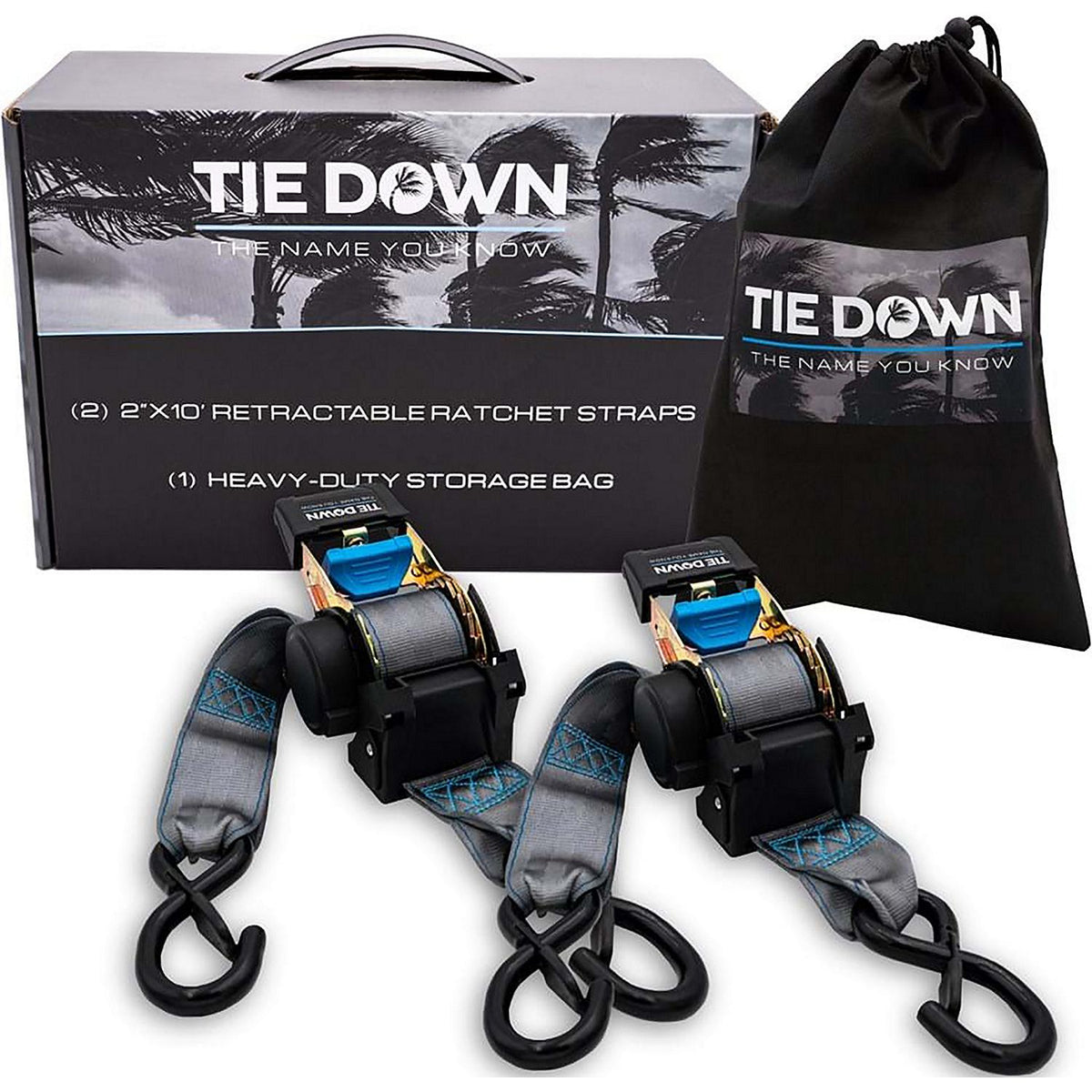 Tiedown Engineering Heavy Duty Retractable Ratchet Strap, Gray, 3000 lbs. Max Load, 2-Pack, 2"x 10'