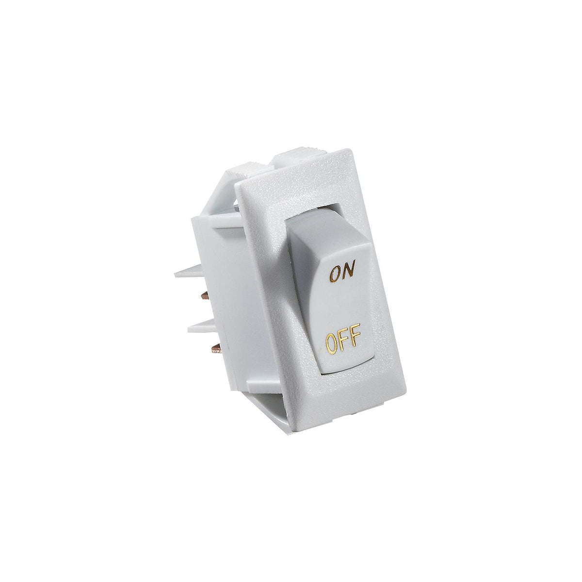RV Designer White Rocker Switch with Gold text, 10 A, On/Off - SPST - Cut-Out .550" x 1.125"