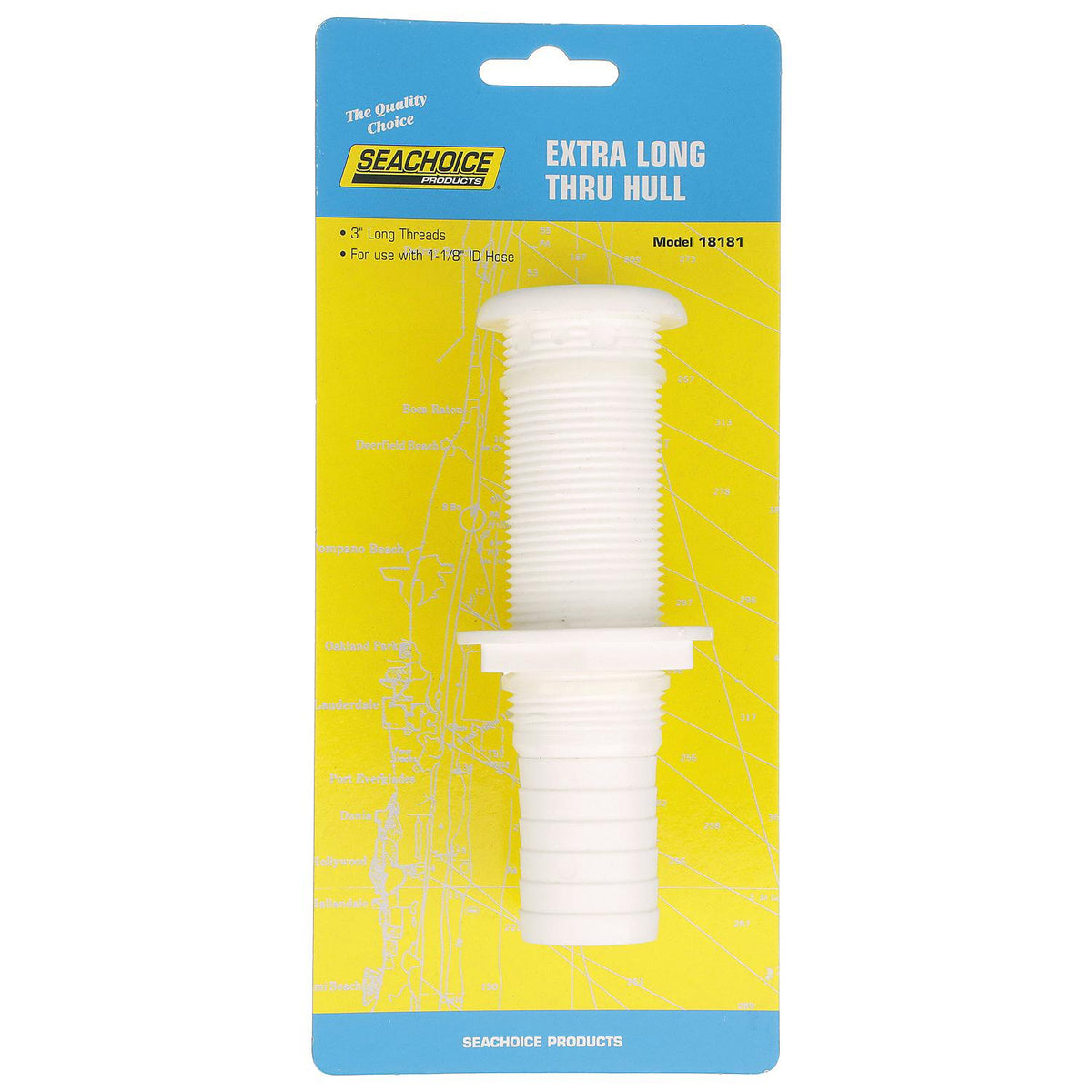 Seachoice Extra Long Thru-Hull Fitting with Broad Flange For 1-1/8 In. ID Hose, 3 In. Long Thread