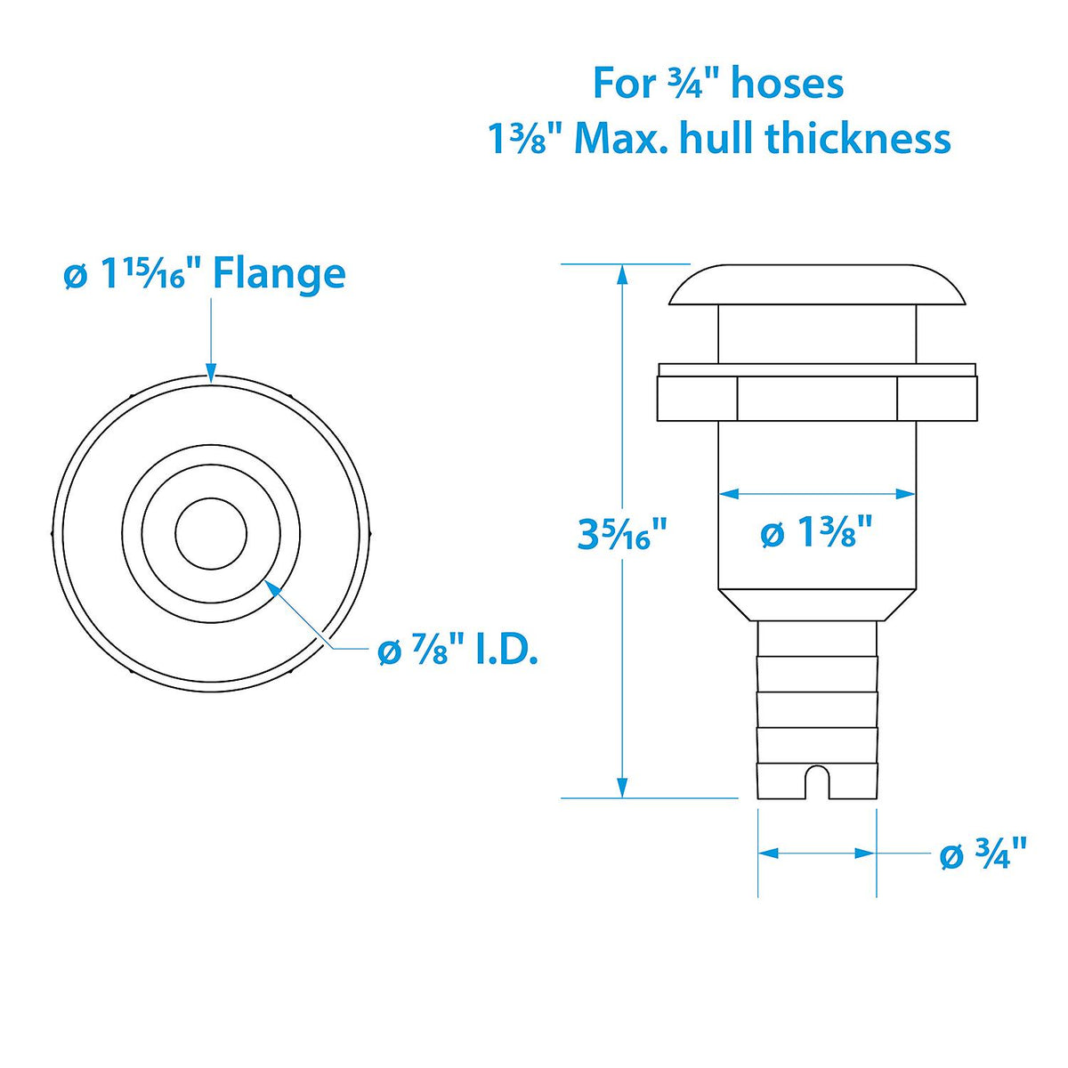 Seachoice Covered Thru-Hull Fitting with Stainless-Steel Flange, Fits 3/4 In. ID Hose