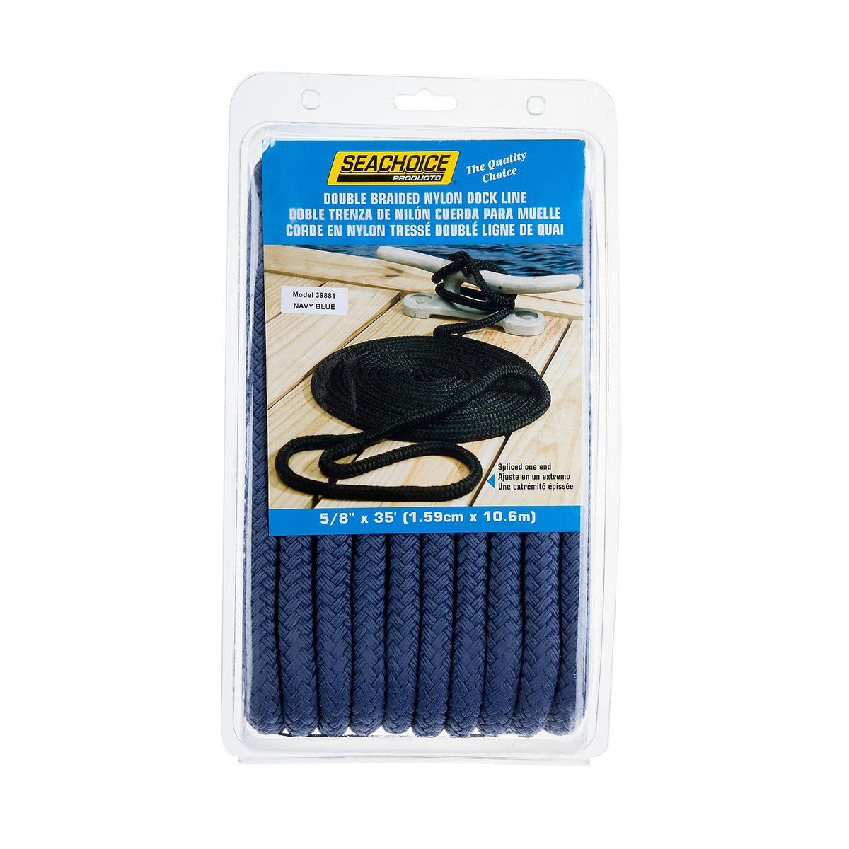 Seachoice Double-Braid Nylon Dock Line with Eye Splice, Pre-Shrunk, Heat Stabilized, 5/8 In. X 35 Ft., Navy Blue
