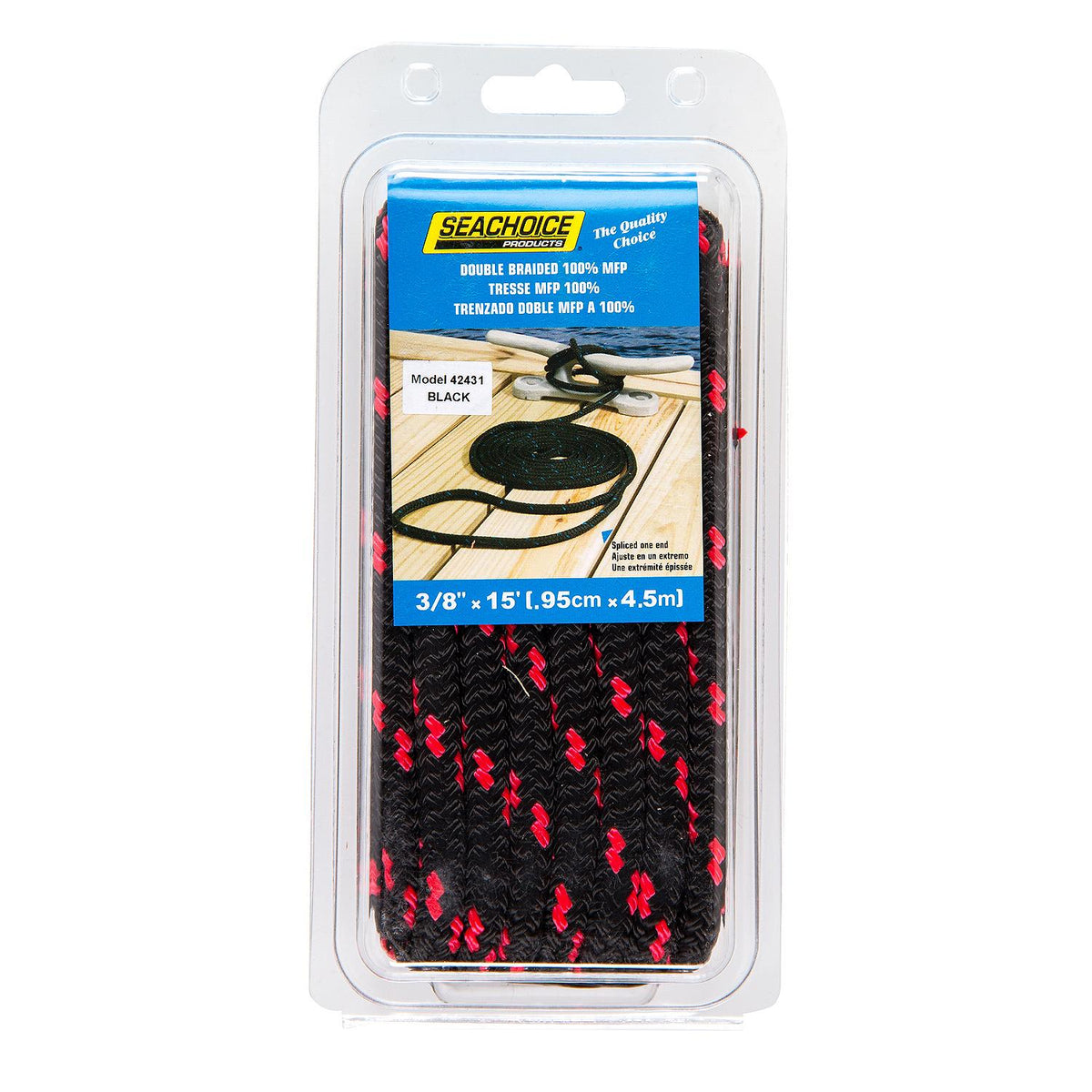 Seachoice High Quality Dock Rope for Boating - Double-Braid MFP Dock Line, ⅜-Inch x 15 Feet, Black/Red