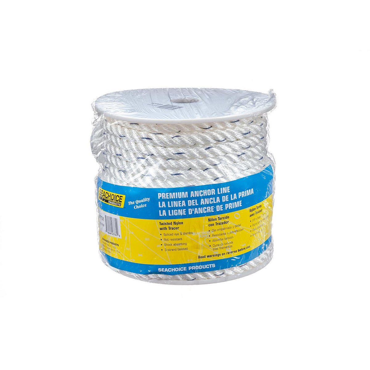 Seachoice Boat Anchor Line Rope, 3-Strand Twisted, Nylon, White/Blue, 1/2 in. X 100 Ft.
