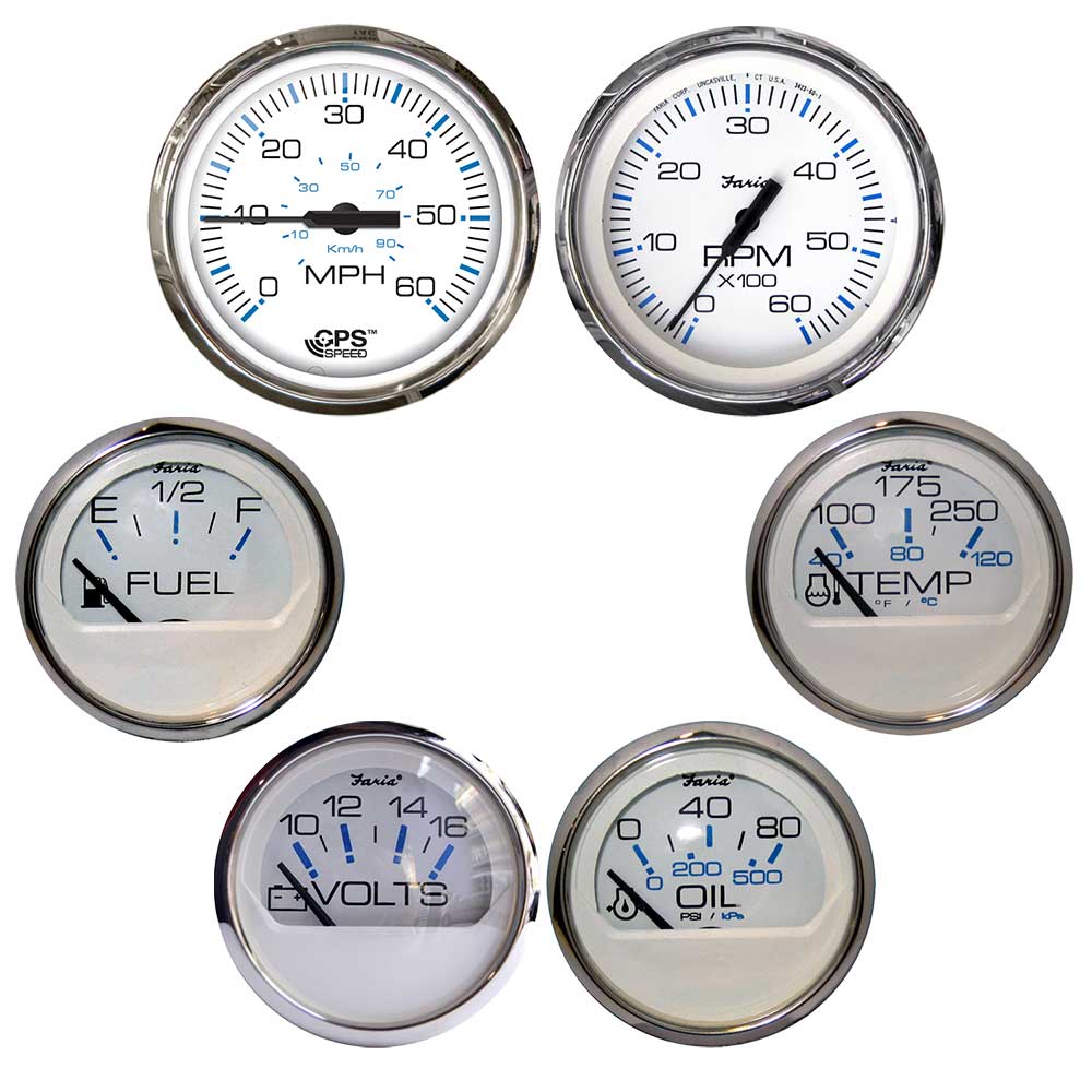 Faria Chesapeake White with Stainless Steel Bezel Boxed Set of 6 - Speed, Tach, Fuel Level, Voltmeter, Water Temperature & Oil PSI - Inboard Motors