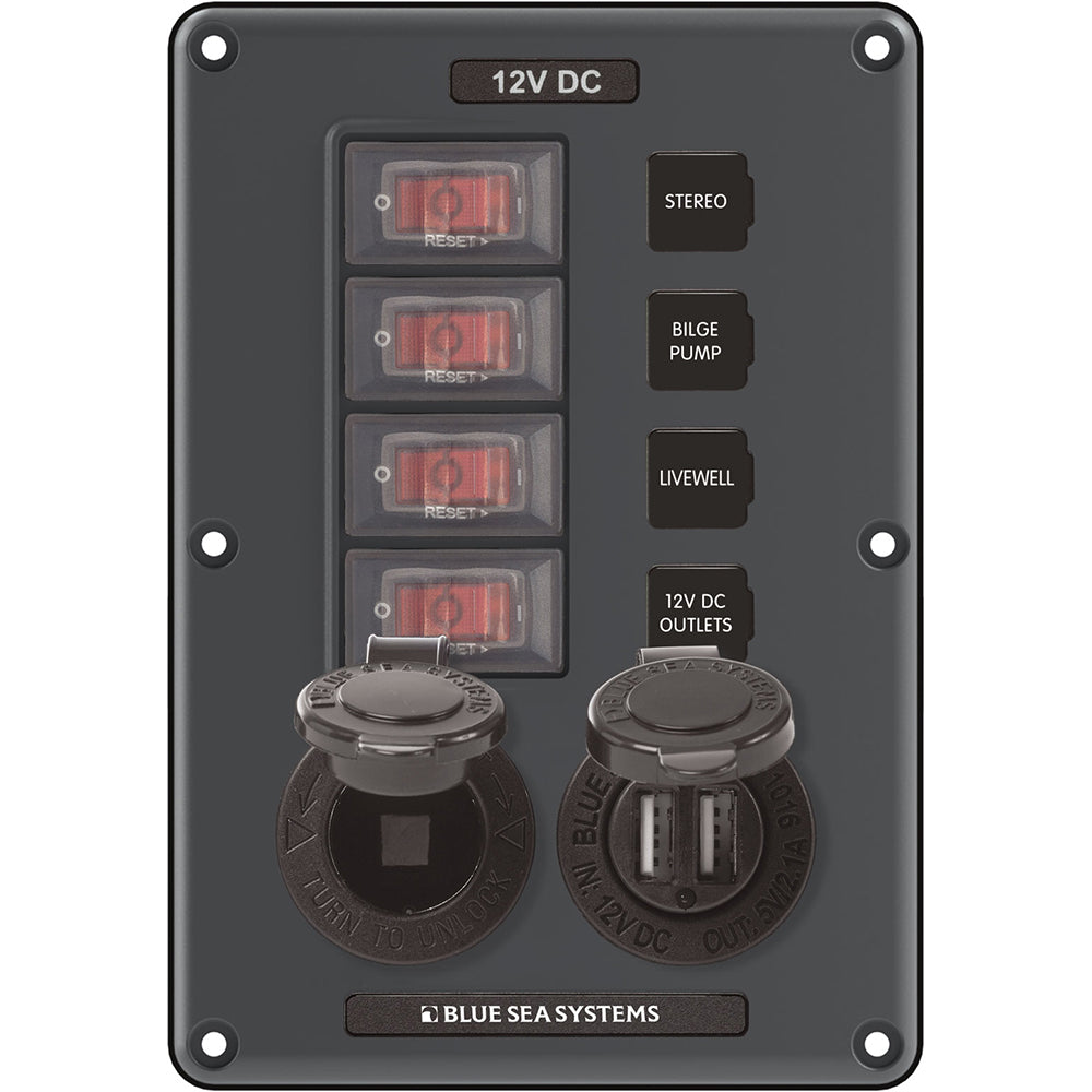 Blue Sea Systems 4321 Circuit Breaker Switch Panel 4 Position - Gray with 12V Socket & Dual USB