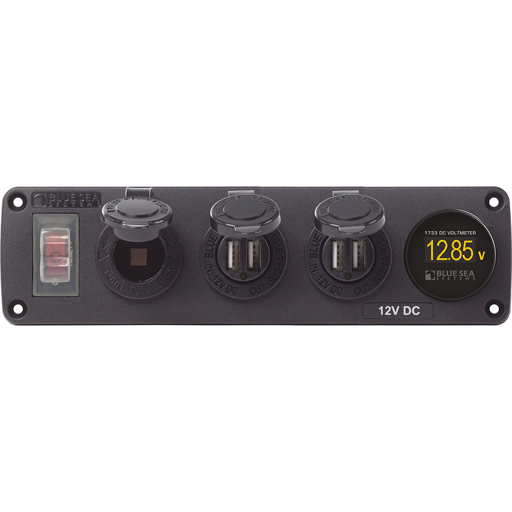 Blue Sea Systems 4368 Water Resistant USB Accessory Panel - 12V Socket, 2x 2.1A Dual USB Chargers, Mini Voltmeter