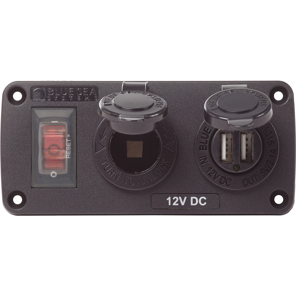 Blue Sea Systems 4363 Water Resistant USB Accessory Panels - 15A Circuit Breaker, 12V Socket, 2.1A Dual USB Charger