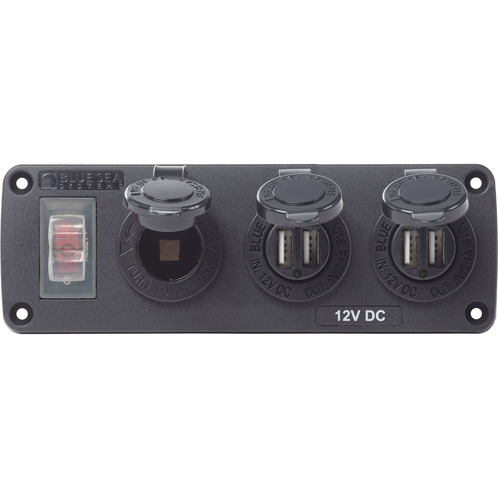 Blue Sea Systems 4365 Water Resistant USB Accessory Panel - 15A Circuit Breaker, 12V Socket, 2x 2.1A Dual USB Chargers
