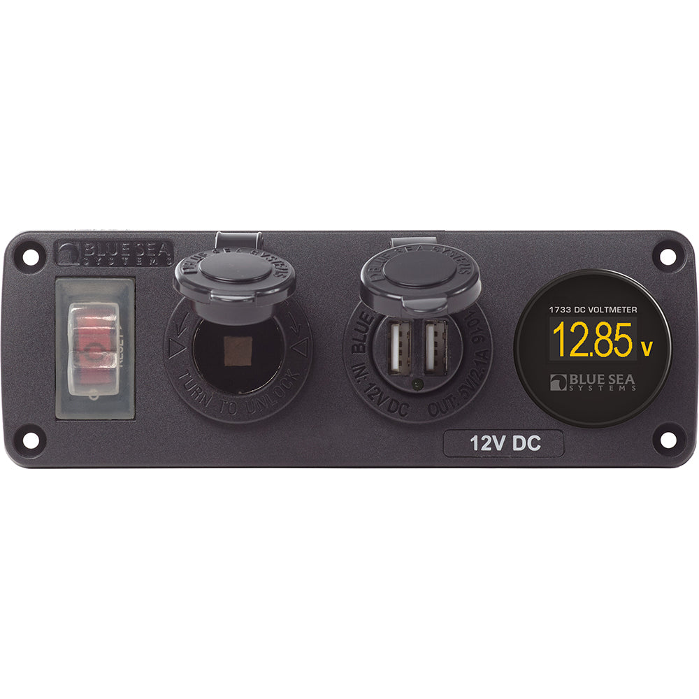 Blue Sea Systems 4366 Water Resistant USB Accessory Panel - Circuit Breaker, 12V Socket, Dual USB Charger, Mini Voltmeter