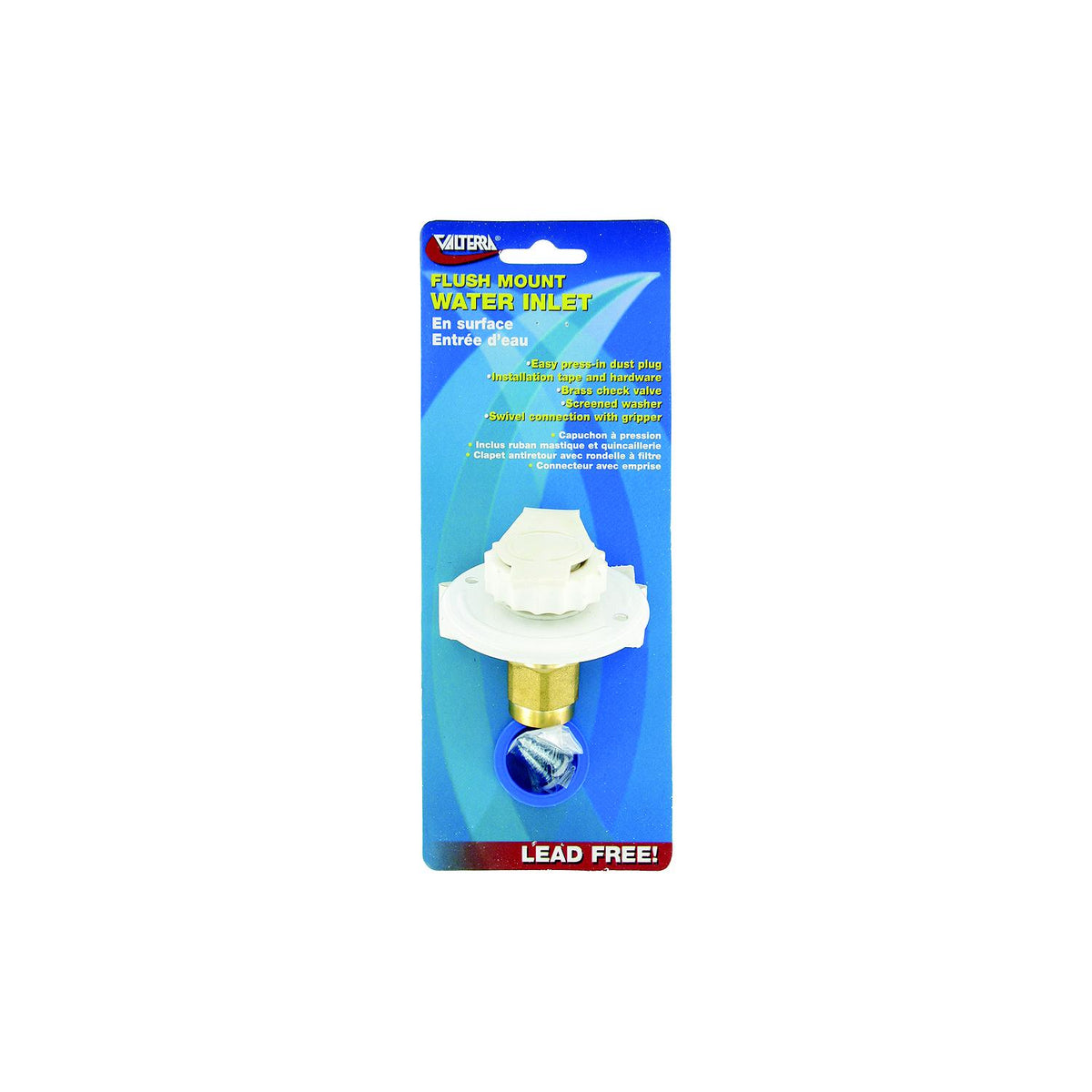 Valterra White Flush Mount FPT Brass Check Valve RV Water Inlet | Includes Screws, Putty Tape & Teflon Tape A01-0171LFVP