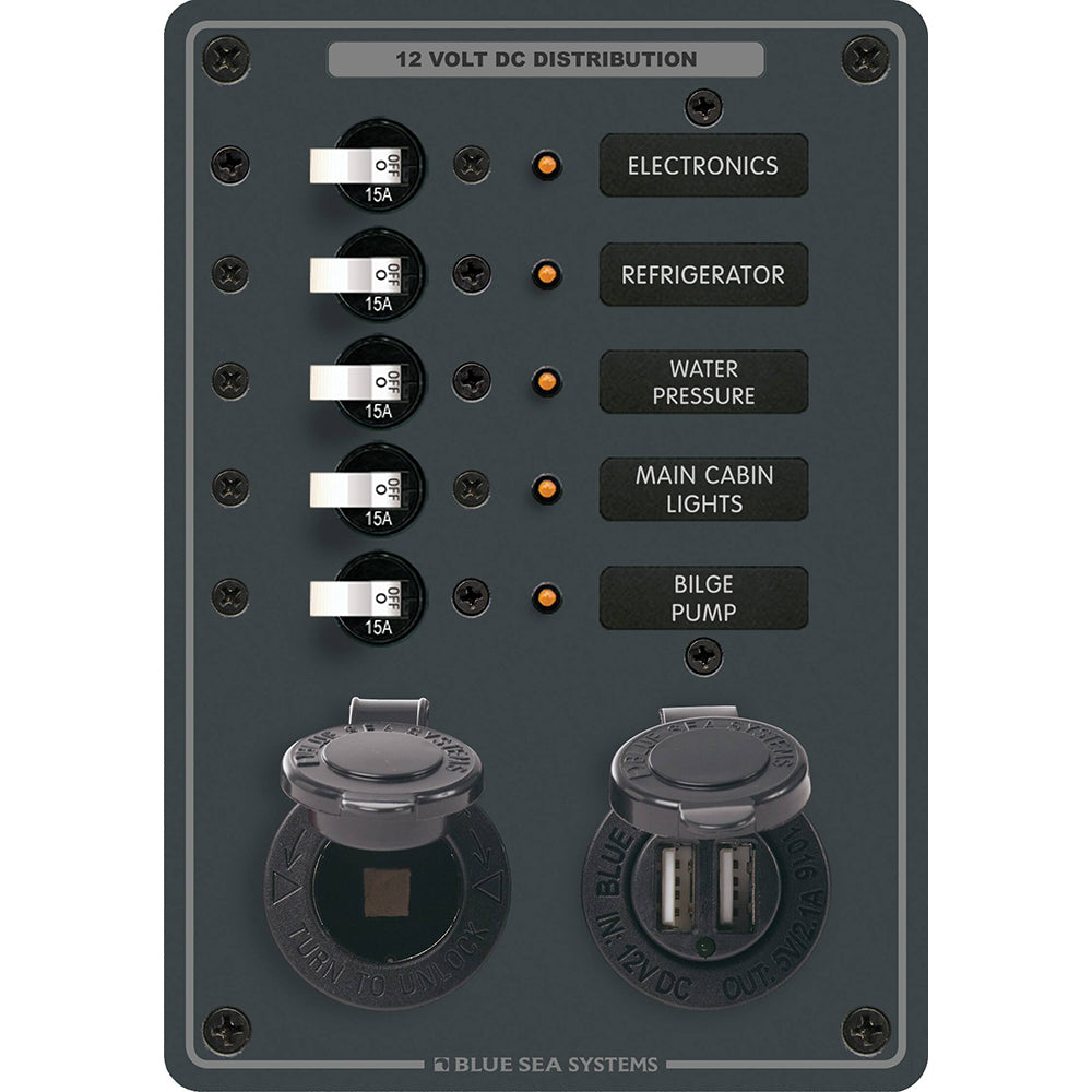 Blue Sea Systems 8120 - 5 Position 12V Panel with Dual USB & 12V Socket