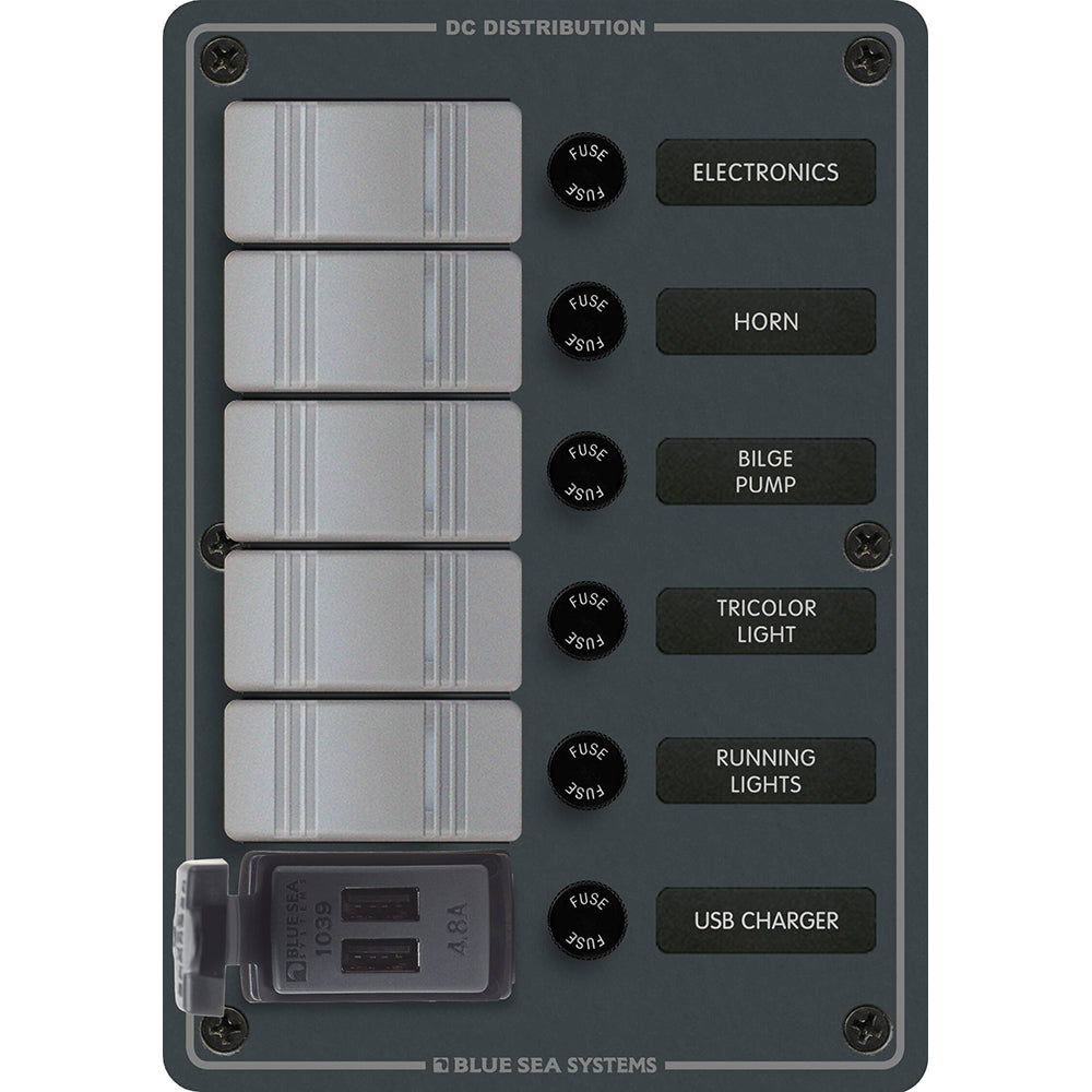 Blue Sea Systems 8121 - 5 Position Contura Switch Panel with Dual USB Chargers - 12/24V DC - Black