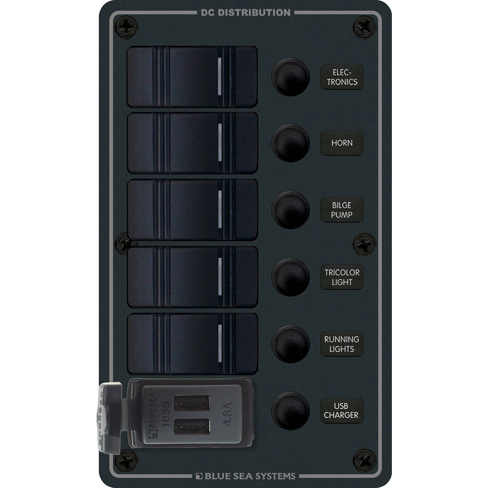 Blue Sea Systems 8521 - 5 Position Contura Switch Panel with Dual USB Chargers - 12/24V DC - Black