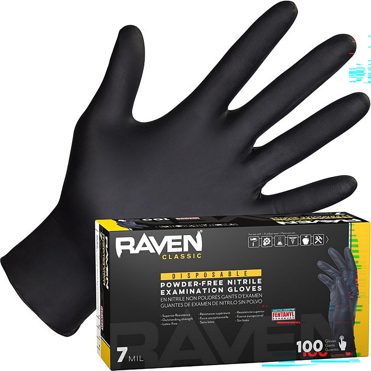 Ravin Gloves Raven Safety 66520 Nitrile 7mil Blk Glove L 100/bx, Nitrile, 7 mil, 9.5", Exam, Black, 9.25 x 5.25 x 3.75
