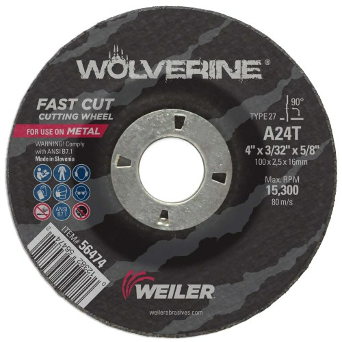 Weiler - 4" x 3/32" Wolverine Type 27 Cutting Wheel, A24T 5/8" A.H.