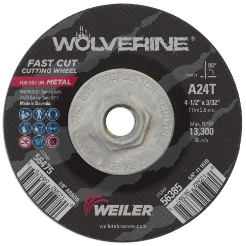 Weiler - 4-1/2" x 3/32" Wolverine Type 27 Cutting Wheel, A24T, 5/8"-11 nut