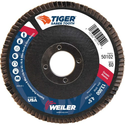 Weiler - 4-1/2" Tiger Ceramic Abrasive Flap Disc, Conical (TY29), Phenolic Backing, 60C, 7/8" Arbor Hole