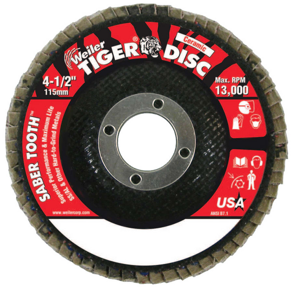 Weiler - Saber Tooth Ceramic Flap Discs, 4-1/2", 40 Grit, 7/8" Arbor, 13,000 rpm