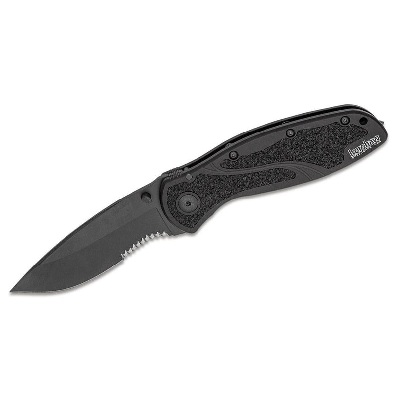 Kershaw - Ken Onion Blur Assisted Folding Knife 3-3/8" Black Combo Blade, Glass Breaker, Black Aluminum Handles