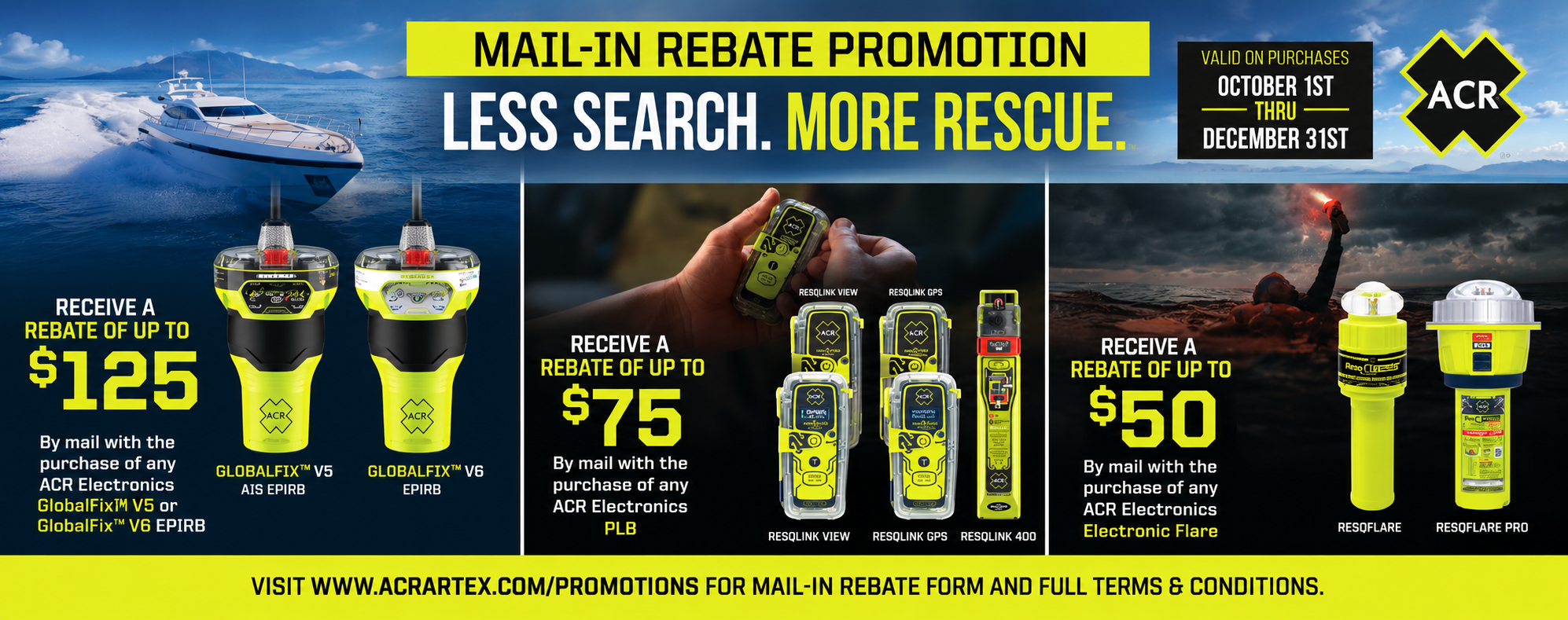 ACR mail-in rebates: up to $125 EPIRBs, $75 personal locator beacons, and $50 electronic flares.