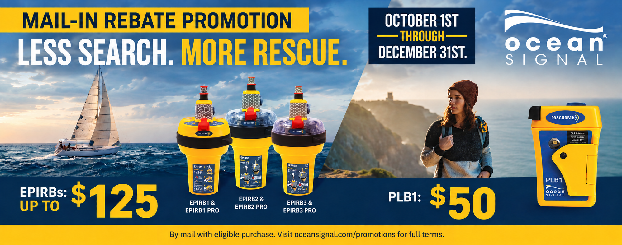 Ocean Signal mail-in rebates: up to $125 on eligible EPIRBs and $50 on PLB1.