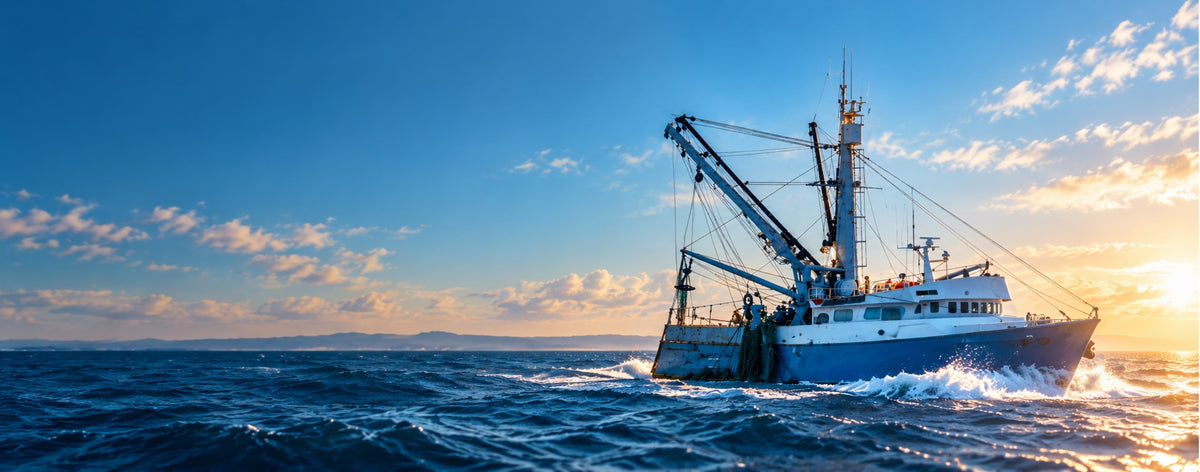 Commercial fishing boat heading out at sunrise